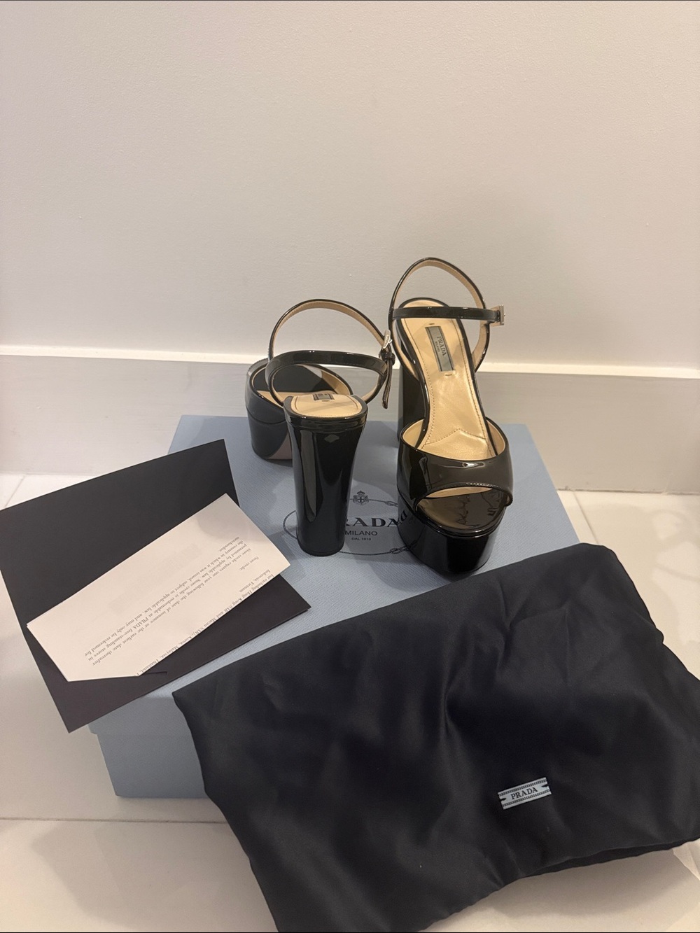 Prada Black Patent Platform Sandal Heels with Ankle Strap